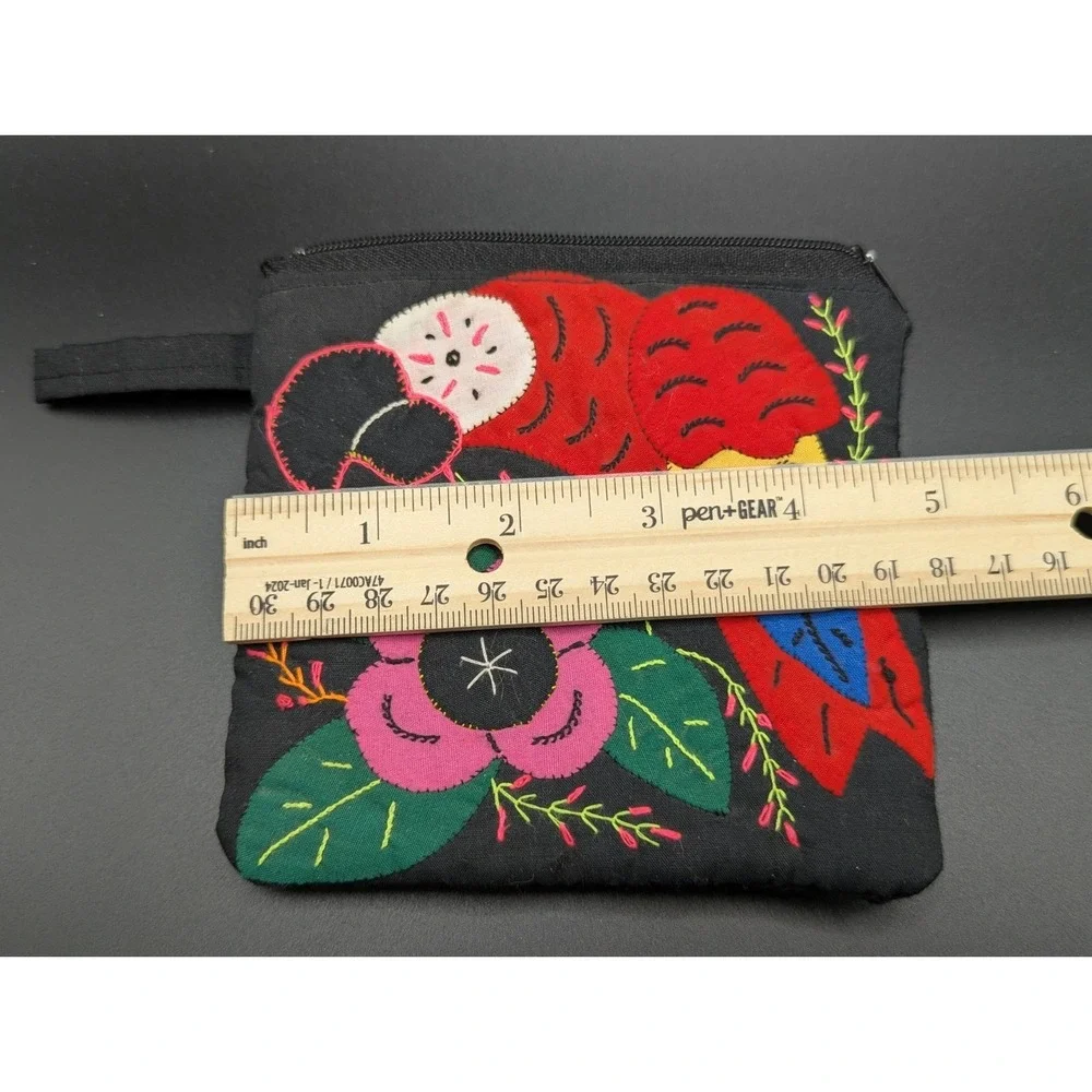 Guatemalan Quilted Cotton Parrot Coin Purse Black Floral Embroidered Zip Clutch